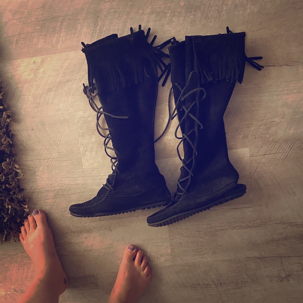 Knee length suede Minnetonka lace up boots